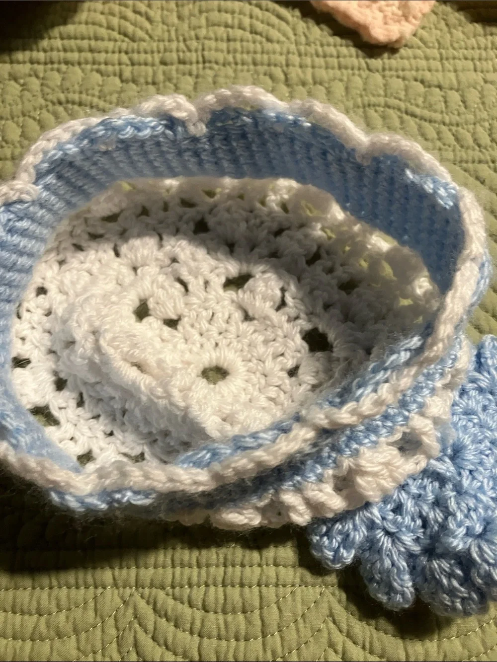 Handmade crocheted hat with flower embellishment 18” circumference
